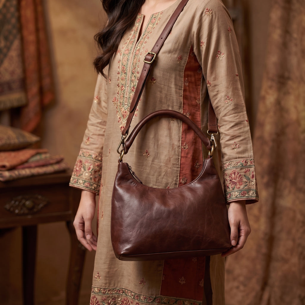 Close-up of a handcrafted brown leather handbag held by a model