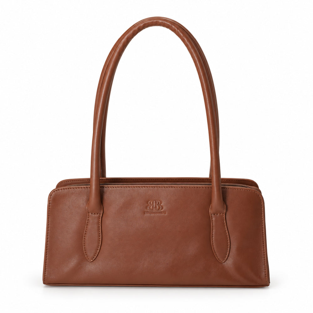 Front view of a classic brown leather shoulder handbag with long handles and embossed logo on white background.