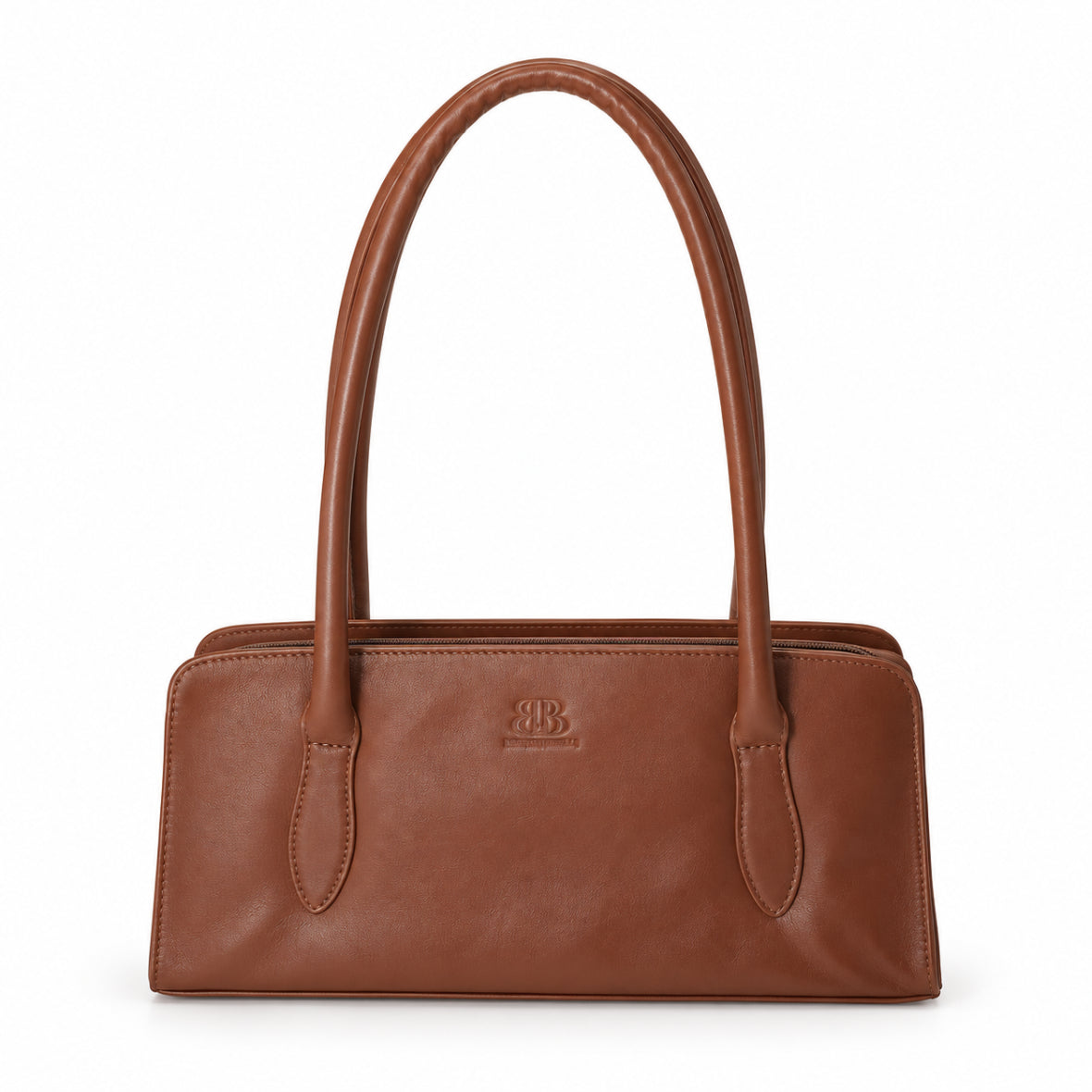 Front view of a classic brown leather shoulder handbag with long handles and embossed logo on white background.