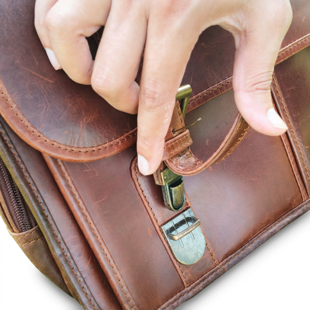 Side view of leather briefcase showing front zip pocket and buckle closures