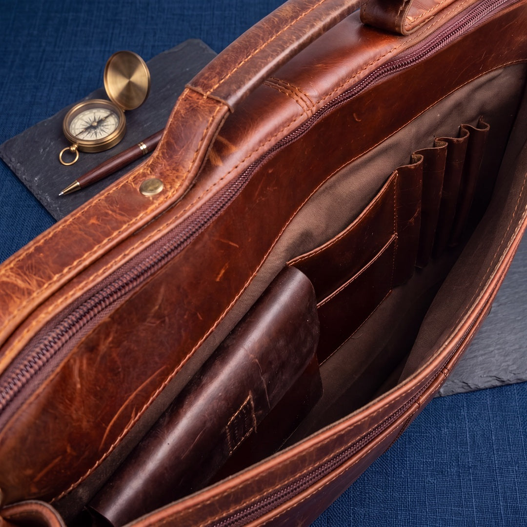 Open leather briefcase interior showing pen holder, card slots, and document dividers