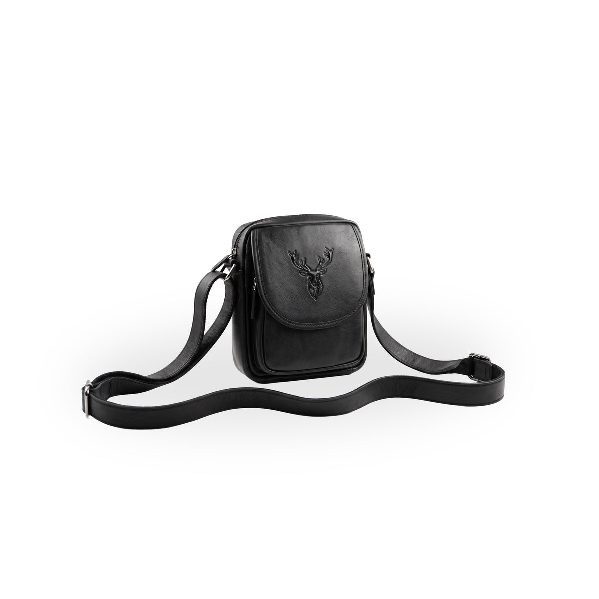 Black leather men's crossbody bag with stag logo on a white background