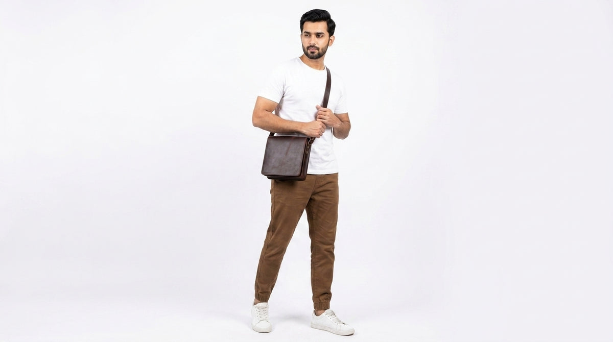 Model wearing the Brut & Beau dark brown leather crossbody bag for men on a white background