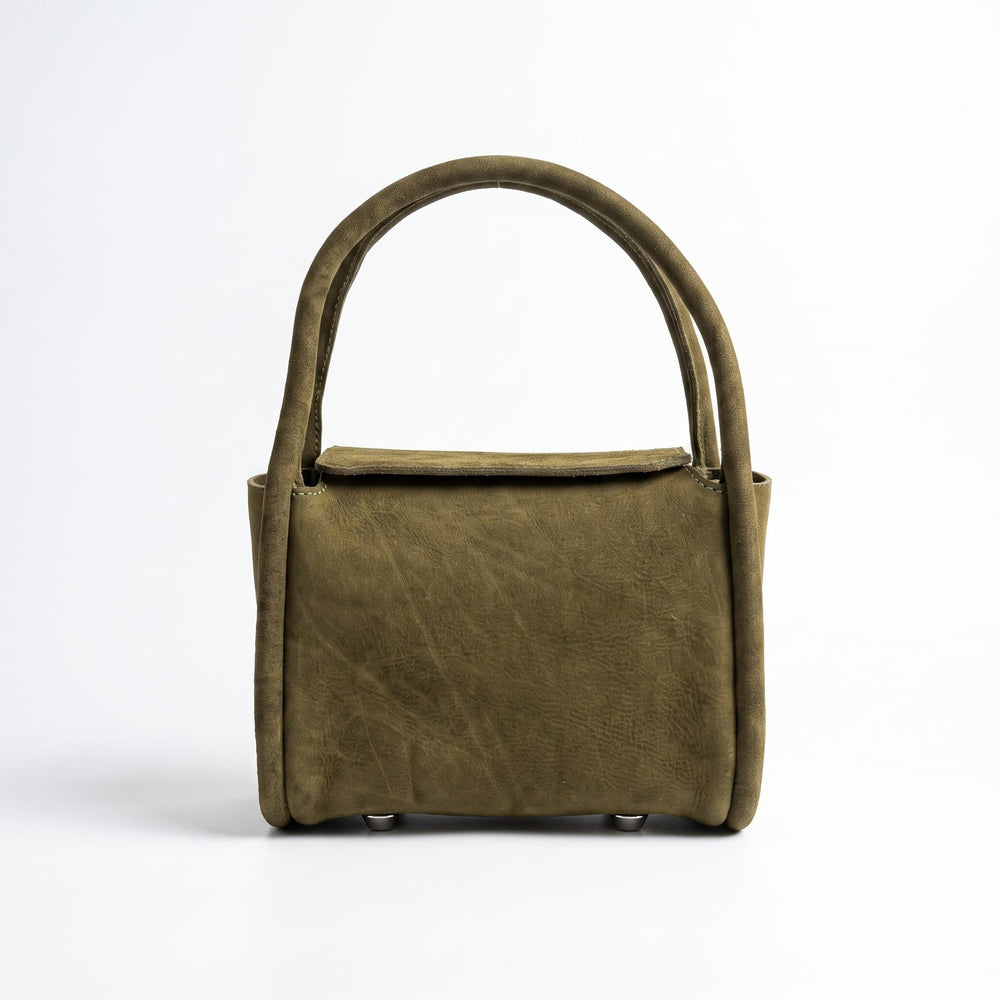 Front view of olive green leather handbag with rounded top handles
