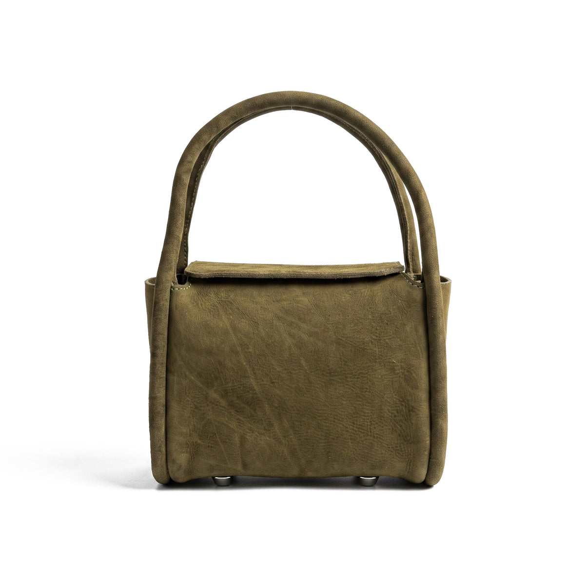Front view of olive green leather handbag with rounded top handles