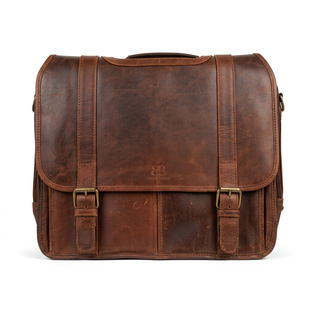 "Front view of vintage leather briefcase with dual buckles and top carry handle on white background