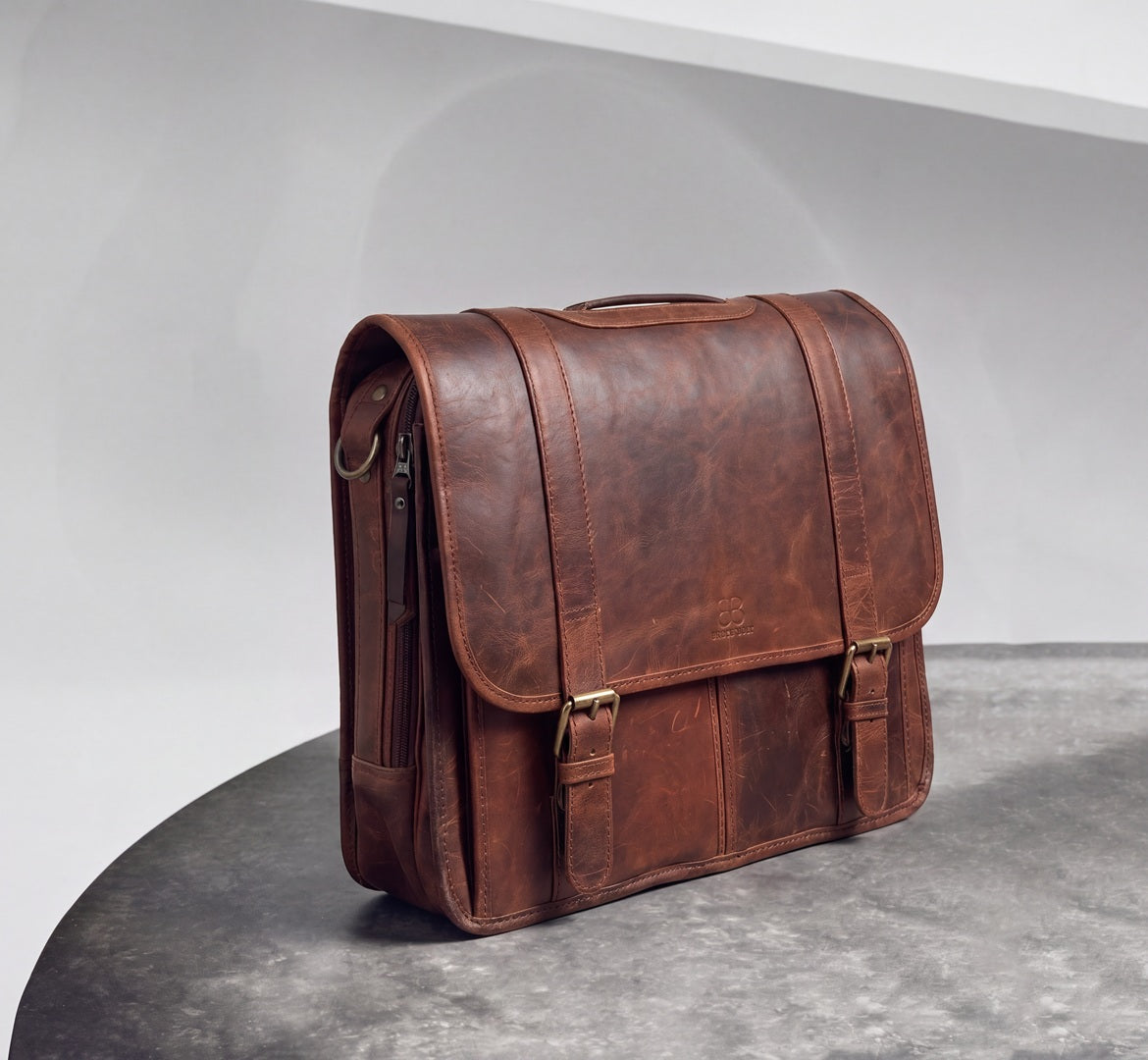 Side view of leather briefcase showing front zip pocket and buckle closures